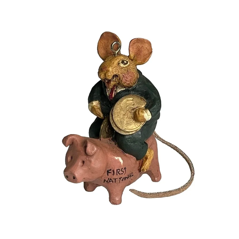 Vintage Kurt Adler Ornament Business Mouse Riding Pig First National Bank Penny - Picture 1 of 5